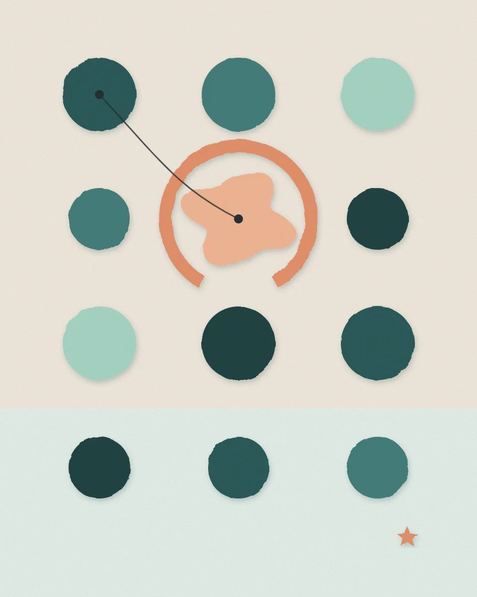 Abstrakcyjna grafika: zespół geometrycznych form, jedna organiczna otoczona łukiem wsparcia